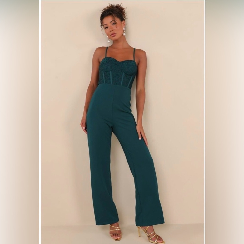 Lulus Eloquently Enticing Emerald Green Lace Bustier Jumpsuit Emerald Green XS